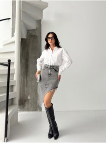 Resim KENE JEANS KADIN ETEK PÜSKÜLLÜ ASİMETRİK KOT ETEK 