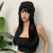 Resim 60.96 Cm Siyah Uzun Düz Saç Peruklar Örgü Sentetik Doğal Görünümlü Saç Peruklar Günlük Parti Cosplay Kullanımı İçin 