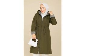 Resim Azmmoda Bondit Kumaş Içi Çizgili Kapüşonlu Astarsız Uzun Yağmurluk 