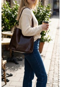 Resim Glemix Shine Acı Kahve Yan Metal Detaylı Kırışık Desen Shopper Omuz Çantası Acı Kahve Kırışık Desen 