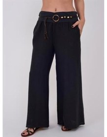 Resim İtalyan Korsajlı Tokalı Kemerli Bol Paçalı Keten Pantolon-9887 Antrasit 