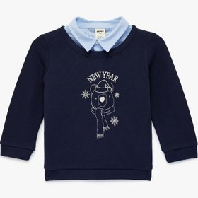 Resim Erkek Bebek Pamuklu Nakışlı Uzun Kollu Gömlek Yaka Detaylı Yılbaşı Temalı Sweatshirt 