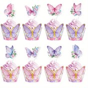 Resim 16 adet (8 set) kupka topuzu ve çiçek paketi, pembe ve mor kelebek temalı, doğum günü partisinin kelebek teması için mükemmel bir şekilde kelebek desenli kekler süslemek için. 