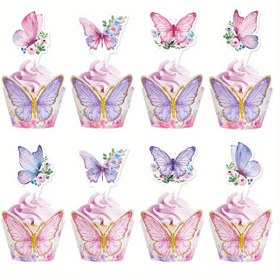 Resim 16 adet (8 set) kupka topuzu ve çiçek paketi, pembe ve mor kelebek temalı, doğum günü partisinin kelebek teması için mükemmel bir şekilde kelebek desenli kekler süslemek için. 