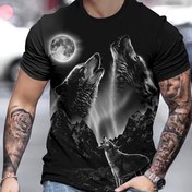 Resim Erkek Vintage 3D Kurt ve Ay Baskılı Tişört, %100 Polyester Örgü Kumaş, Casual Crew Boyun Kısa Kollu, Hafif Esnek, Yaz Outdoor Sokak Stili, Normal Beden - 140g/m² 