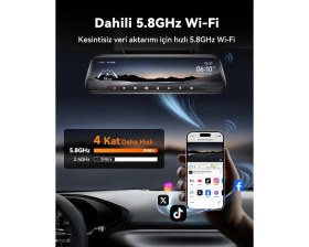 Resim Wolfbox G930 10" 4K Ayna Dash Cam, Ön ve Arka Wdr, Dokunmatik Ekran, 5,8 Ghz Wifi, 