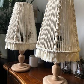 Resim Ahşap Ayaklı El Yapımı Dekoratif Makrome Abajur&Masa Lambası 