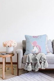 Resim RealHomes Çift Taraflı Baby Shower Unicorn At Tasarımlı Çocuk Odası Raşel Örme Yastık Kırlent Kılıfı, Sonil-K-4356m-55x55cm 