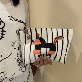 Resim Şık Çizgili Dachshund Makyaj Çantası - Taşınabilir Fermuarlı Kozmetik Çantası, Dayanıklı Polyester, Koku Üretmez 