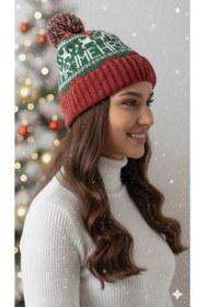 Resim STELLA VESTİNO Simli Kırmızı Ponponlu Yılbaşı Bere | Unisex Kadın Erkek Kışlık Bere 