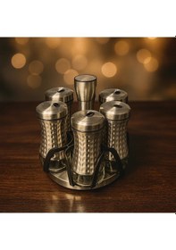 Resim Çelik 6 Lı Baharat Seti Döner Raylı Altı Cam 18x18 Cm Gümüş 