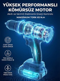 Resim MAVLET 21V Kömürsüz Motor Çift Akü Çelik Mandren 65 Nm Tork Darbeli Vidalama Şarjlı Matkap seti 