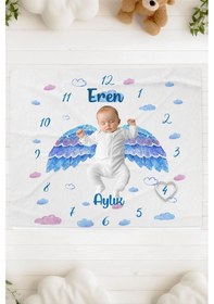 Resim Lilabio %100 Pamuk İsme Özel Bebek Fotoğraf Çekim Anı Örtüsü 120x100 Cm Mavi Bulutlar 