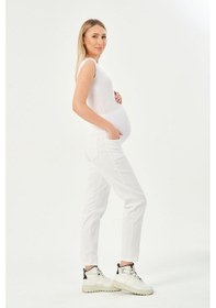 Resim Busa Hamile Esnek Karın Bantlı Beli Ayarlanabilir Mom Fit Kot Pantolon Beyaz-beyaz 
