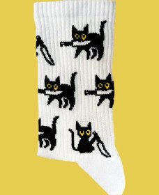 Resim Krumpy Siyah Yavru Kedi Baskılı Beyaz Çoraplar 111546126 Beyaz 