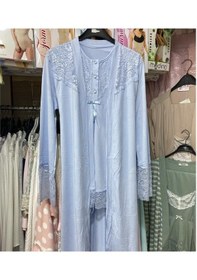 Resim Nehirsel 3022 Mavi Hamile Lohusa 3 Lü Pijama Sabahlık Tk 001 