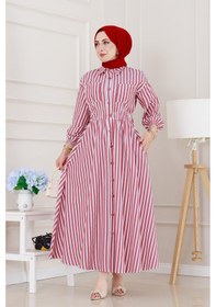 Resim Sevitli Çizgili Cepli Tesettür Elbise-bordo-5133 Bordo 