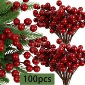 Resim 100 adet Süsleme için Yapay Holly Meyveleri, 100 adet Mini Sahte Meyve Dekoru Tel Üzerinde Noel Ağacı Süslemeleri Çiçek Çelengi DIY El Sanatları Kullanımı Yeni Yıl için 