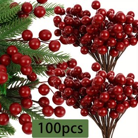 Resim 100 adet Süsleme için Yapay Holly Meyveleri, 100 adet Mini Sahte Meyve Dekoru Tel Üzerinde Noel Ağacı Süslemeleri Çiçek Çelengi DIY El Sanatları Kullanımı Yeni Yıl için 