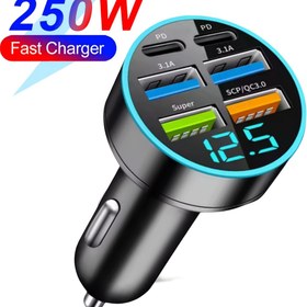 Resim AIZEPA 250W USB C Tip C Araba Şarj Cihazı, 6 Portlu Süper Hızlı Şarj, Dijital Ekran, Gerilim Algılama, Erkek- Kadın Bağlayıcı, Araba Takı Güç Modu, ≤36V Çalışma Gerilimi, Mobil Telefonlar İçin Seyahat Adaptörü 