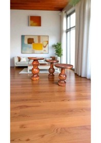 Resim Simillo Ahşap Mantar Sehpa 3 Lü Fındık Renk Doğal Zigon Fiskos Takımı Kahverengi 