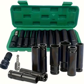 Resim 11 Parça 1/2 inç darbeli anahtar soket seti + adaptör - karbon çelik, taşınabilir saklama kutulu otomatik tamir alet takımı, boyut 10-24mm 
