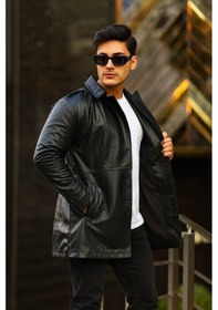 Resim Erkek Slim Fit 80 Cm Uzun Deri Ceket - Full Tay Tüyü Astarlı Siyah Deri Kürklü 