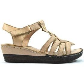 Resim Beety 23201 Hakiki Deri Bej Dolgu Topuk Ortopedik Kadın Sandalet Bej 