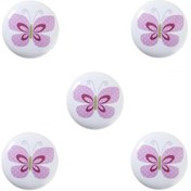 Resim 5 Adet Porselen Düğme Pembe Kelebek Çocuk Odası Kulp 