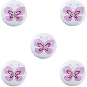 Resim 5 Adet Porselen Düğme Pembe Kelebek Çocuk Odası Kulp 