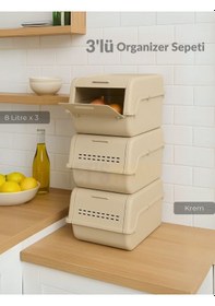 Resim 3'lü Set Organizer Erzak Kutusu Bpa Free Saklama Kutusu Soğanlık Sebzelik Sepet Krem 8 Lt X 3 Krem 