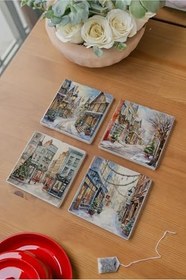 Resim Atölye Vintage Kartpostal Şehir Görüntüsü 4’lü Set Bardak Altlığı Doğal Taş (10x10 cm) 