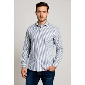 Resim D'S Damat Slim Fit Lacivert Gömlek Erkek Modern Stil Çizgili Desen S Beden 