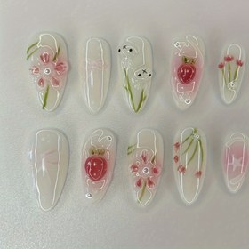 Resim 10 Parça El Yapımı Tırnak Seti, 3D Çiçek ve Sevimli Çilek Tasarımlı Badem Şeklinde Uzun Tırnaklar, İnce Kalıntı Bırakmayan, Tatlı Parlak Kaplama, Karışık Renk, Güzellik ve Kişisel Bakım İçin Takma Tırnaklar 