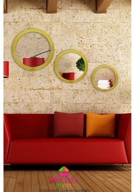 Resim Safir Ahşap Altın Dekoratif İşlemeli Banyo Duvar Aynası Üçlü Set Altın 