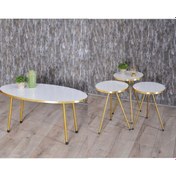 Resim Zigon Sehpa Ve Orta Sehpa Elips Gold Metal Ayak Gold Beyaz Set 