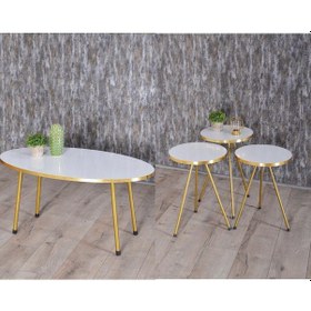 Resim Zigon Sehpa Ve Orta Sehpa Elips Gold Metal Ayak Gold Beyaz Set 