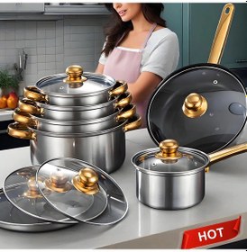 Resim Kırmızı Tencere Seti, 12 Parça, Paslanmaz Çelik, Yapışmaz, Mutfak Tencere Seti Silver Amerika Birleşik Devletleri Silver 