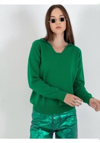 Resim Miss Poem Kadın Oversize V Yaka Uzun Kışlık Yeşil Triko Kazak Yeşil 