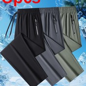 Resim 3 Adet Erkek Yazlık Nefes Alabilen Buz İpeği Kumaş Jogger Pantolon - Siyah, Koyu Gri, Zeytin Yeşili, Fermuarlı Cep Detaylı Düz Bacaklı Rahat Ayarlanabilir Beli ile Çizme Bel 