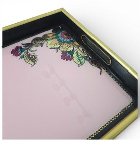 Resim Sudedi Home Pembe Zeminli Çiçek Desenli Altın Çerçeveli Melamin Sunum Tepsisi 31x46 Cm Pembe 