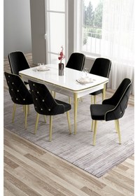Resim Canisa Tia Serisi 80x132 Açılabilir Mdf Beyaz Gold Detay Mutfak Masası Takımı Ve 6 Siyah Sandalye Masa Beyaz Sandalye Siyah 