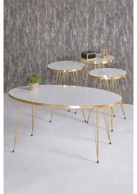 Resim Zigon Sehpa Ve Orta Sehpa Elips Set Gold Beyaz Tel Ayak 
