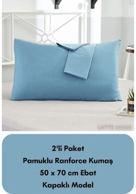 Resim Mavi Renkli Ranforce Pamuklu Kumaş Kapaklı Yastık Kılıfı 2'li Pak 