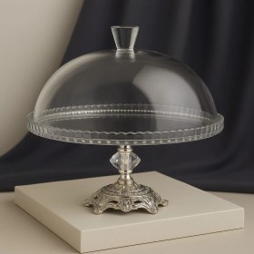 Resim Elta Collection Gümüş Metal Ayaklı Cam Kapaklı Kek - Pasta Stantı Fanus 95198 