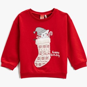 Resim Kız Bebek Sweatshirt Yılbaşı Temalı Aplike Detaylı Pamuklu 