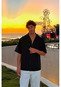 Resim Flaw Flowers Sırt Baskılı Oversize Kısa Kol Gömlek Siyah-26188 Siyah 