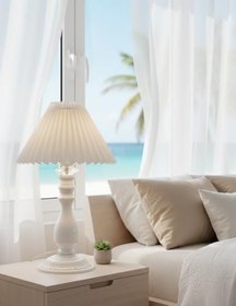 Resim Beyaz Rustik Modern Metal Ayaklı 22'lik Pileli Beyaz Kumaş Şapkalı Abajur Masa Lambası 