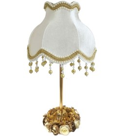 Resim Kadife Kaplı Çiçek Dekorlu Ekru Kumaş Gold Şeritli Abajur Diğer 