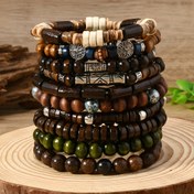 Resim Bohemian Stil Karışık Ahşap Boncuk Bileklik Seti Erkekler için, 10 Adet Esnek Elastik, Antik Gümüş Kaplama Aksanlı Geometrik Moda Teması, Sentetik Suni Değerli Taşlar, Şubat Doğum Taşları, Sevgililer Günü ve Mardi Gras Günü Hediyeleri için İdeal 